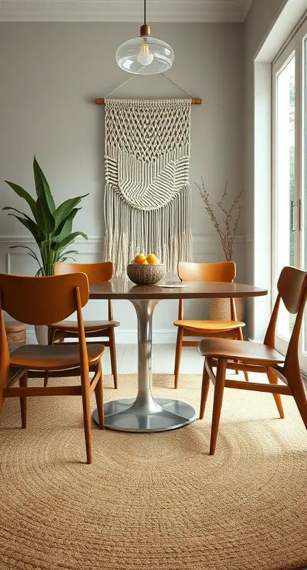 A dining area with four mid-century modern chairs featuring wooden frames and caramel leather seats, paired with a woven jute rug and a macrame wall hanging in the background.