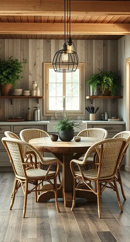 A rustic kitchen setup featuring woven seagrass chairs around a reclaimed wood table, with hanging pendant lights and greenery as décor accents.