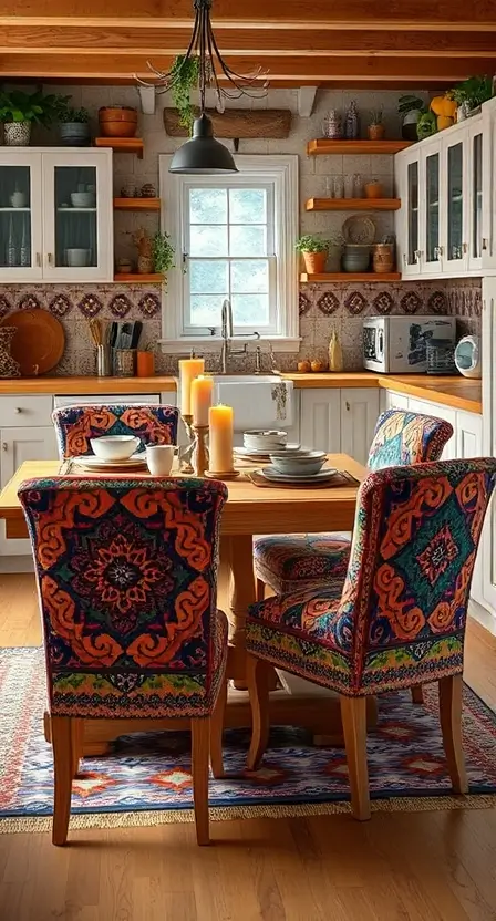 A vibrant kitchen space with boho-style upholstered chairs showcasing colorful tribal patterns, placed around a light wooden table with ceramic tableware and candles.