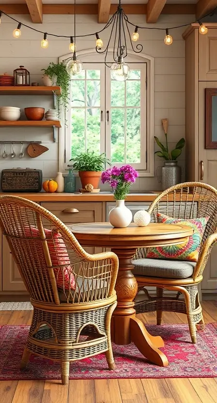 A bohemian kitchen setup featuring two natural-colored peacock wicker chairs with vibrant throw pillows, a round wooden table, and hanging fairy lights above.