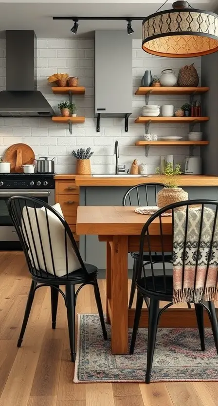 A modern kitchen with black metal chairs, soft cream cushions, and a patterned throw, set against a reclaimed wood table and open shelving with boho décor items.