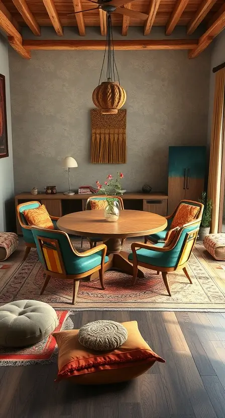 A casual boho dining area with colorful low-profile floor chairs and a round wooden table, surrounded by layered rugs and floor cushions in earthy tones.