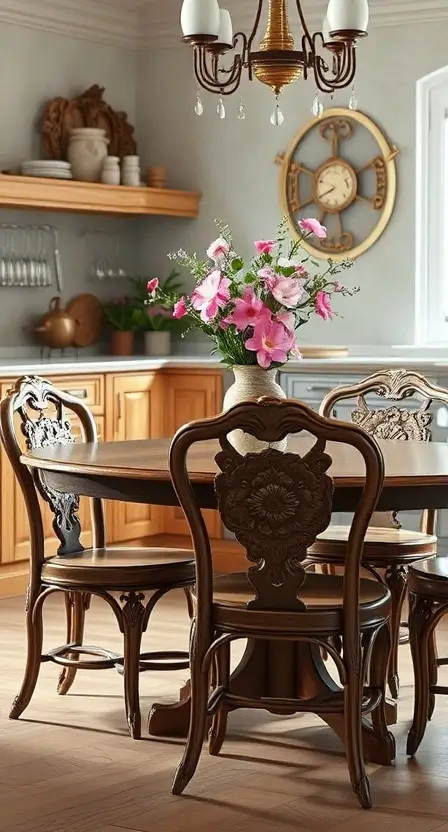 A kitchen setup with hand-carved wooden chairs featuring floral details, paired with a matching table and a centerpiece of fresh flowers in a ceramic vase.