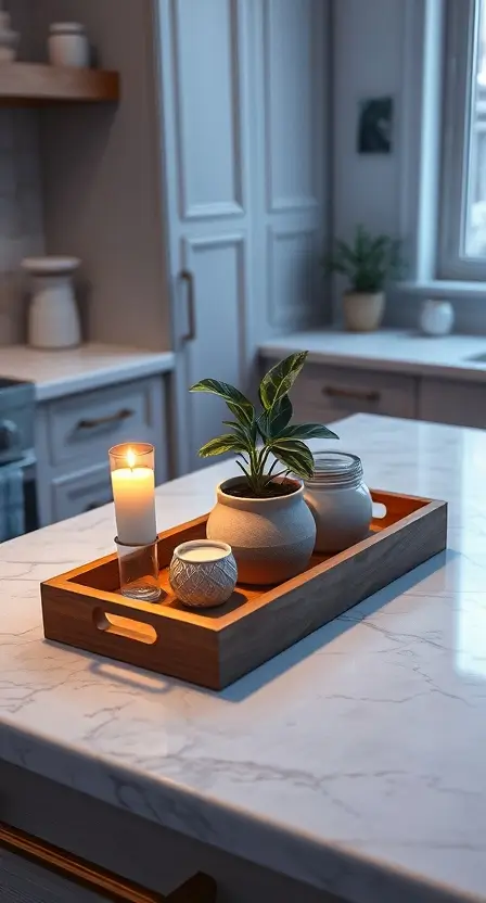 A wooden tray holding a small plant, a ceramic jar, and a lit candle on a marble kitchen counter.