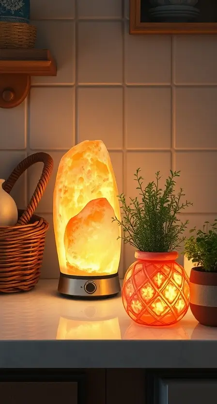 A Himalayan salt lamp glowing warmly on a counter, paired with a wicker basket and a ceramic planter filled with herbs.