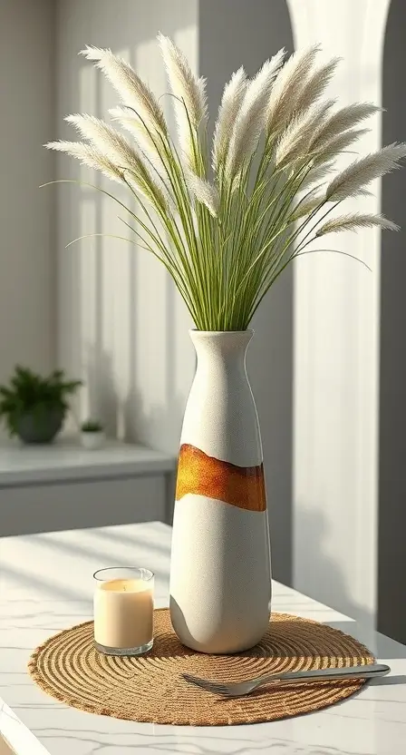 A tall ceramic vase with pampas grass on a marble counter, styled alongside a small candle and a jute placemat.