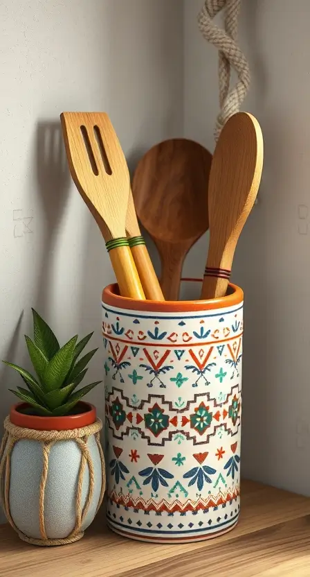 A boho-patterned ceramic utensil holder filled with bamboo cooking utensils, placed next to a small macramé plant pot.