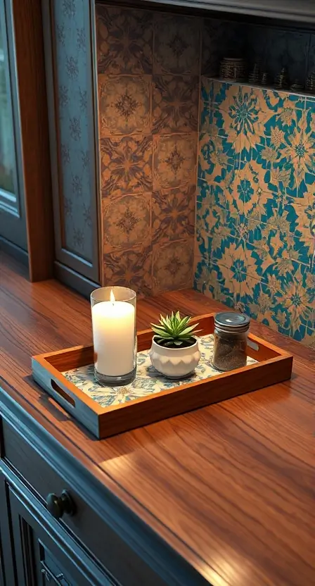 Moroccan tiles styled as a tray on a wooden counter, holding a candle, a small succulent, and a jar of spices.