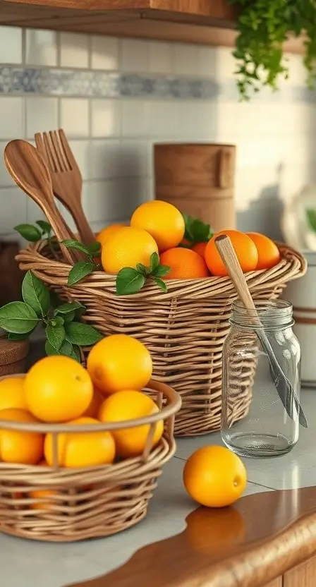 A wicker basket filled with lemons and oranges, sitting next to a mason jar of utensils on a boho-inspired counter.