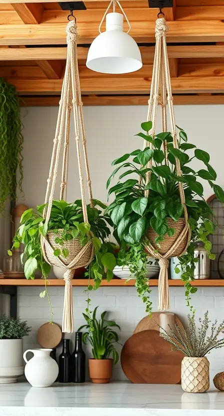 Two macramé plant hangers with lush green plants hanging above a boho-style counter with minimalist decor.