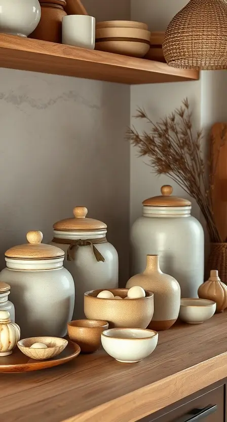 A collection of neutral-toned ceramic jars and bowls on a wooden counter with subtle boho accents.