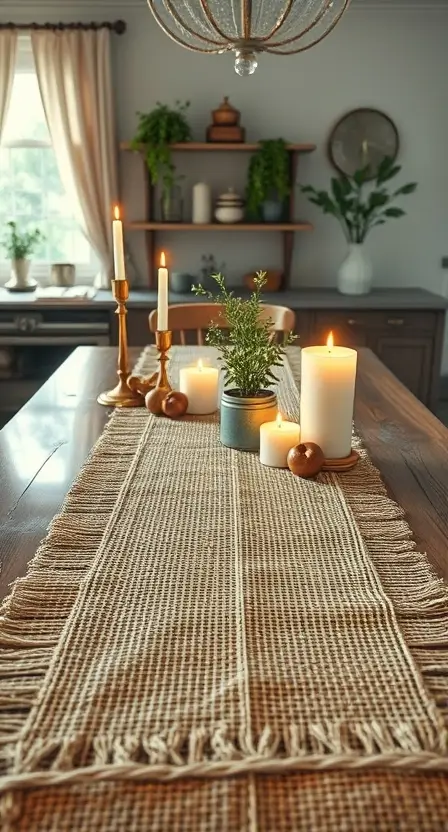 A jute runner with a textured pattern spread across a countertop, featuring candles and a small potted plant as accents.