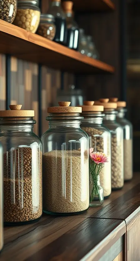 A set of vintage glass jars with cork lids, filled with dry goods, arranged neatly on a wooden counter with a small vase of flowers.