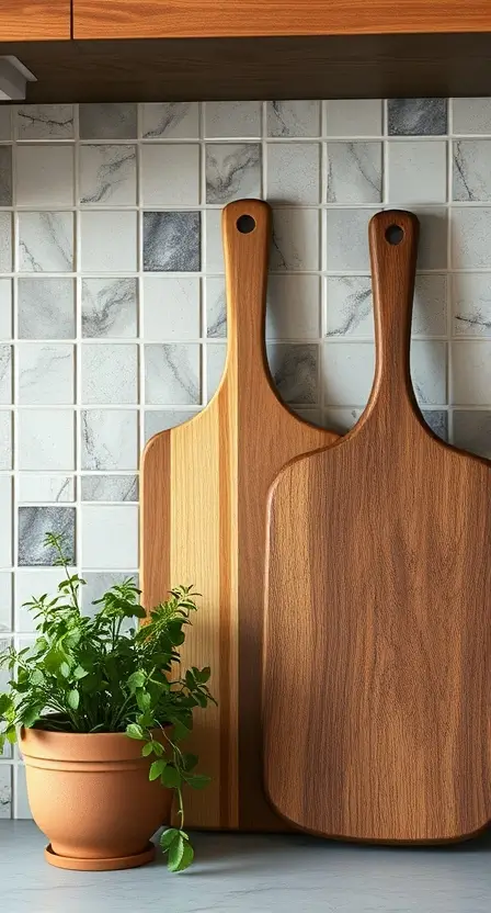 Three wooden cutting boards of different sizes leaning against a backsplash, styled with a potted herb plant nearby.