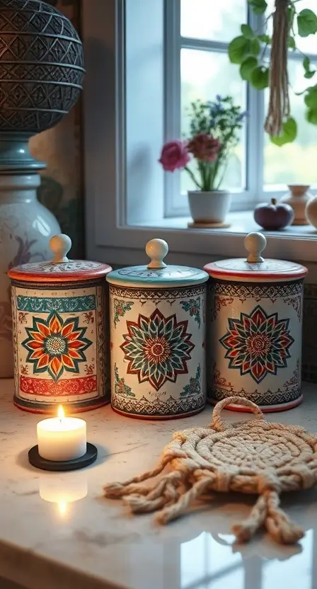 Three ceramic canisters with boho patterns arranged on a countertop with a small candle and a macramé coaster nearby.