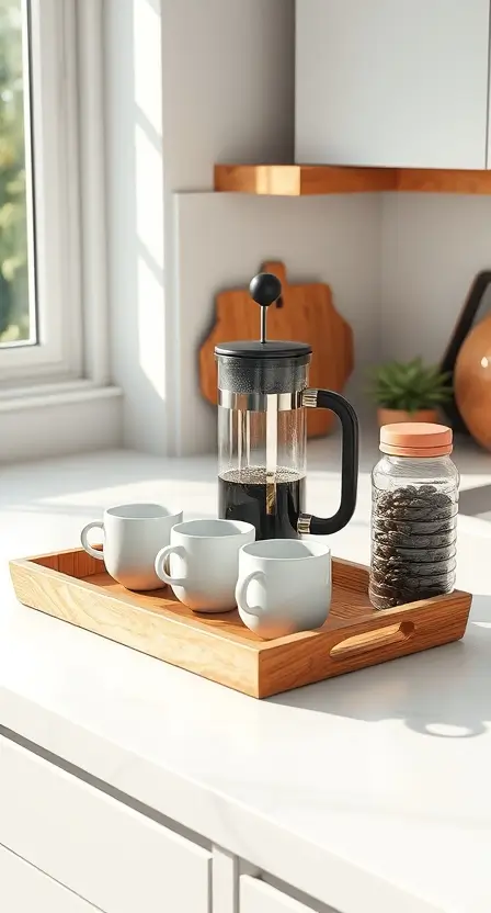 A wooden tray with a French press, ceramic mugs, a jar of coffee beans, and a small succulent on a bright and airy kitchen counter.