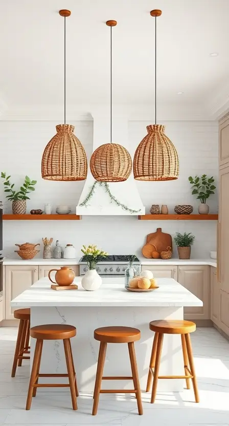 A bright kitchen with three rattan pendant lights hanging over a white marble island, surrounded by wooden stools, and decorated with greenery and boho-style pottery.