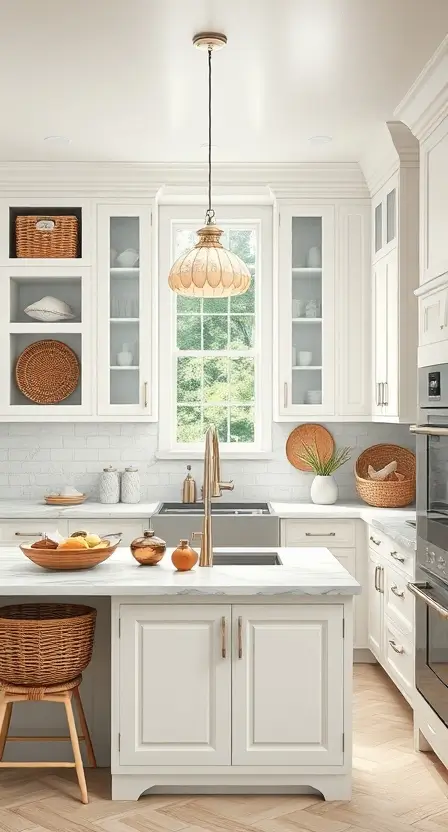 A light and breezy kitchen with shell pendant lights hanging above a marble countertop, surrounded by white cabinetry, woven baskets, and seashell accents.