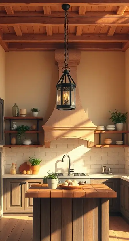 A warm-toned kitchen with two lantern-style pendant lights hanging above a wooden island, paired with open shelving, potted plants, and ceramic dinnerware.