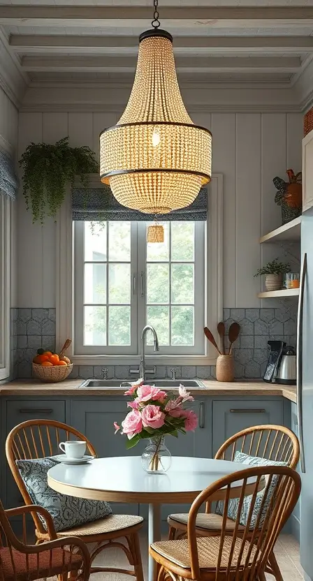 A cozy kitchen with a tiered beaded pendant light above a small breakfast nook, featuring rattan chairs, patterned cushions, and fresh flowers in a vase.