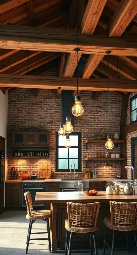 A spacious kitchen with a wooden beam suspended by chains, featuring Edison bulbs hanging at varying lengths, complemented by a brick backsplash and woven bar stools.