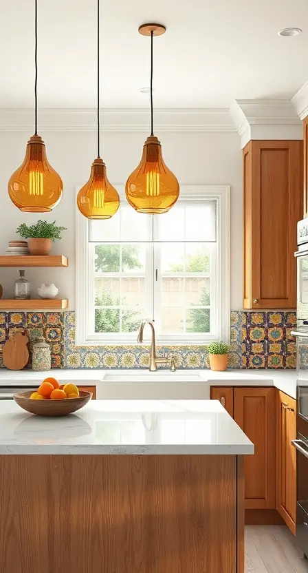 A bright kitchen with three amber-tinted glass pendant lights over a white countertop, paired with colorful boho tiles and natural wood cabinets.