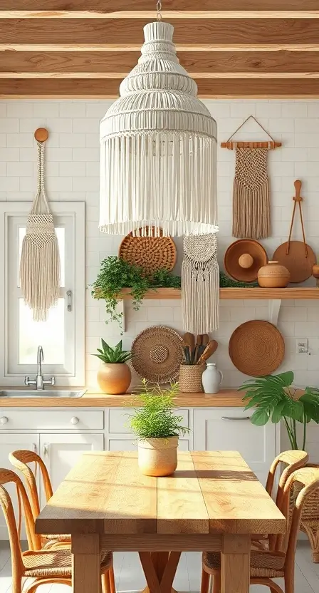 A chic kitchen with a white fringe light fixture hanging over a wooden dining table, surrounded by macramé wall hangings, woven baskets, and greenery.