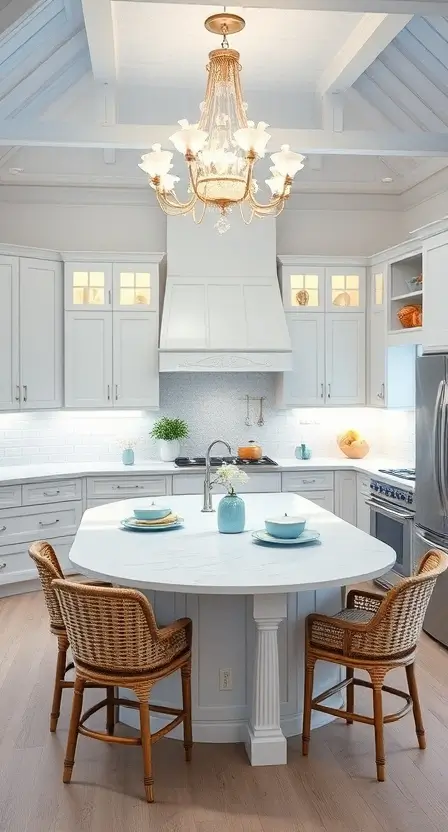 A serene kitchen featuring a shell chandelier above a marble-topped island, surrounded by white cabinetry, coastal-inspired decor, and woven chairs.