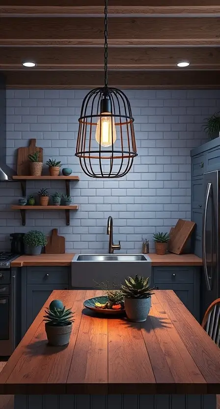 A modern rustic kitchen with an oversized metal cage light hanging over a wooden island, accented by subway tiles, brass fixtures, and potted succulents.