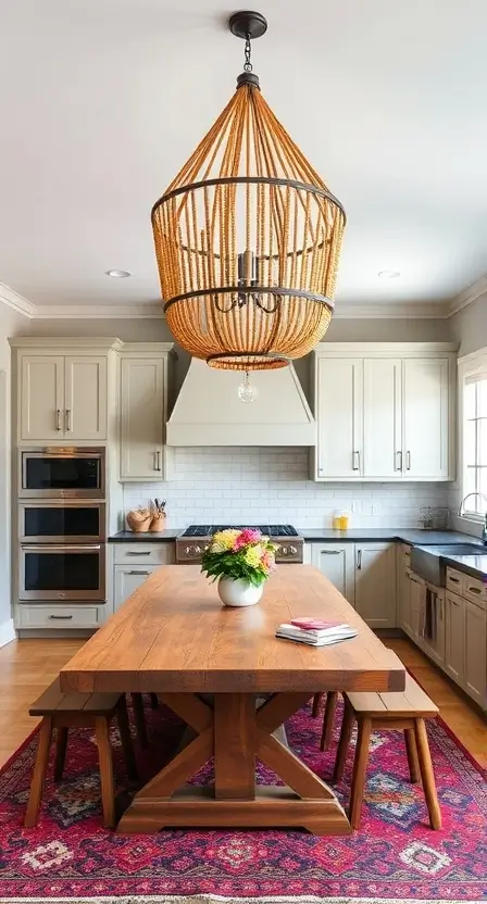 A modern kitchen featuring a large geometric metal chandelier with wooden beads, suspended over a rustic wooden table, surrounded by neutral cabinetry and vibrant boho rugs.