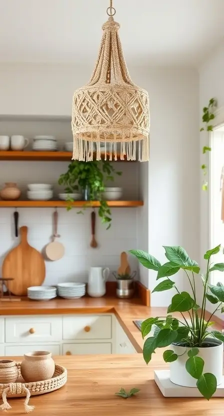 A cozy kitchen with a macramé shade light hanging above a wooden countertop, surrounded by ceramic dishes, leafy plants, and a neutral color palette.