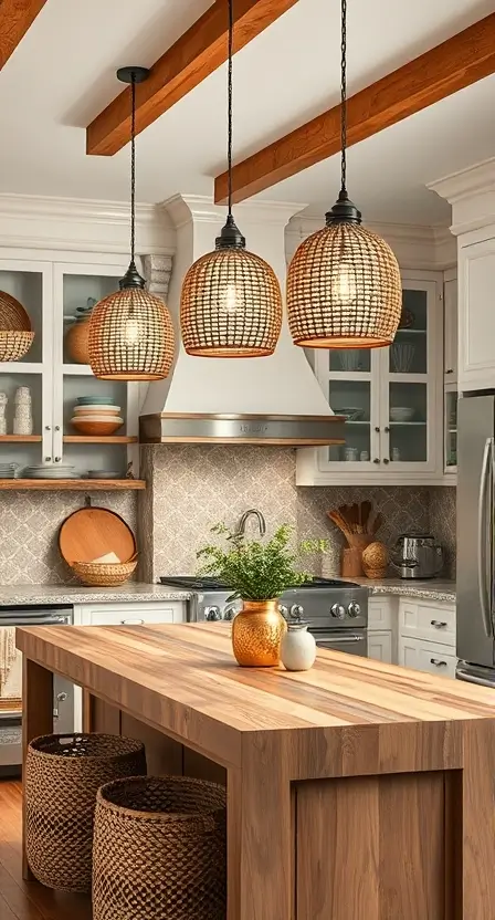 A stylish kitchen with three glass pendant lights featuring cane accents, hanging over a butcher block island, paired with woven baskets and a boho-inspired backsplash.