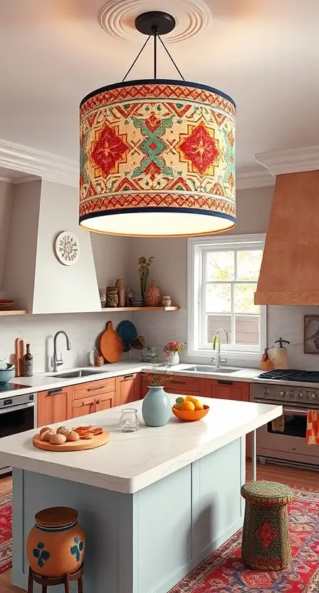 A vibrant kitchen with an oversized drum shade light showcasing tribal patterns, suspended above a sleek island, surrounded by colorful boho textiles and handcrafted ceramics.