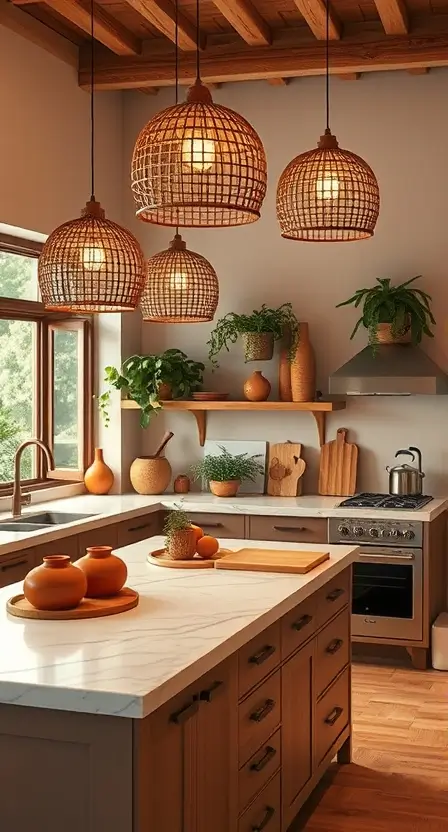 A warm-toned kitchen with bamboo basket lights hanging above a white granite island, accented by terracotta pots, wooden cutting boards, and lush greenery.