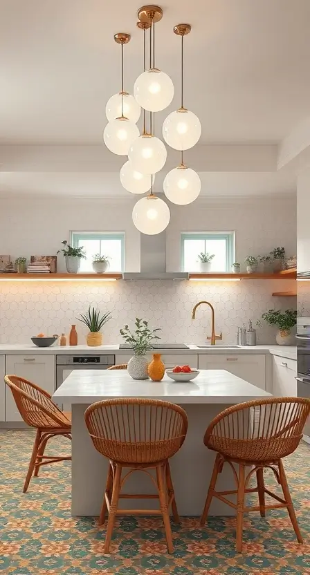 A minimalist boho kitchen featuring a cluster of frosted glass globe lights over a central island, paired with rattan chairs, colorful tiles, and potted herbs on open shelves.