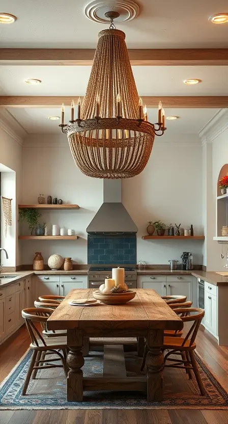 A spacious boho kitchen with a large wooden-beaded chandelier hanging above a rustic dining table, surrounded by neutral walls, open shelving, and macramé accents.