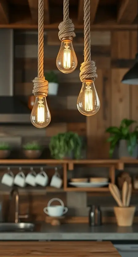 A rustic-modern kitchen with Edison bulbs hanging from knotted rope fixtures, set against a reclaimed wood backsplash, with hanging plants and ceramic mugs in the background.