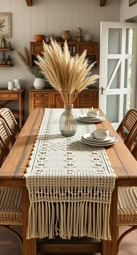 A wooden kitchen table with a beige macrame table runner, surrounded by woven chairs. The centerpiece includes a vase with dried pampas grass and rustic ceramic plates.