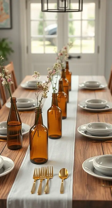 A farmhouse-style wooden table showcasing amber glass bottles with single-stem flowers. The table also features a soft linen runner, gold utensils, and ceramic plates in muted tones.