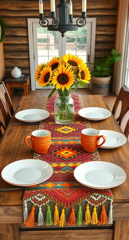 A wooden dining table with a colorful boho table runner featuring tassels, paired with white plates, terracotta mugs, and a centerpiece of fresh sunflowers in a glass vase.