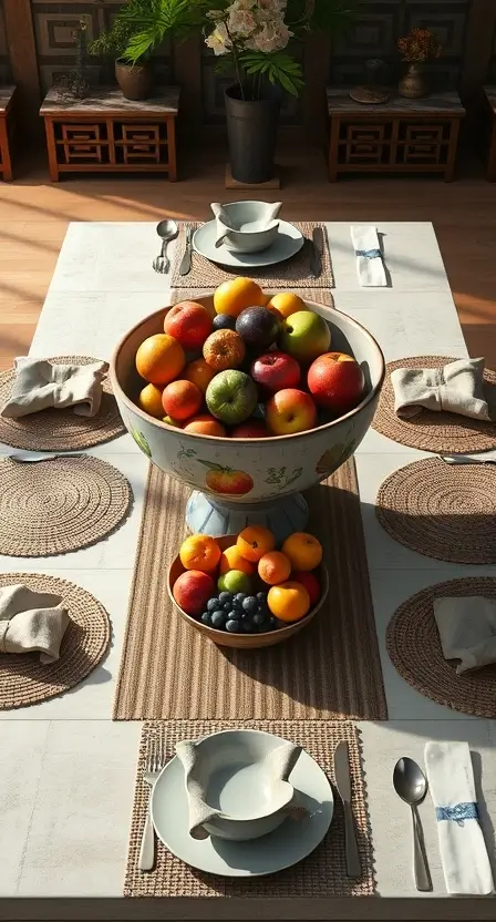 A rectangular table showcasing a large, hand-painted ceramic bowl filled with fresh fruit. The surrounding setup includes woven placemats, patterned plates, and neutral-colored napkins.