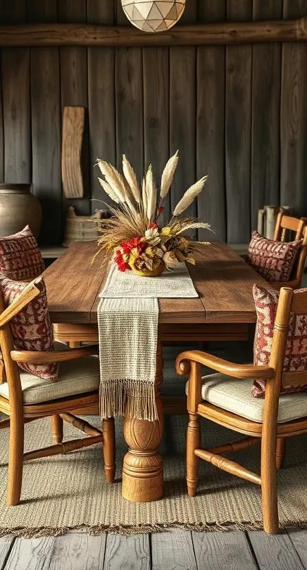 A rustic wooden table surrounded by chairs with layered tribal-print cushions in shades of beige and rust. The table setup includes a dried floral centerpiece and a woven jute table runner.