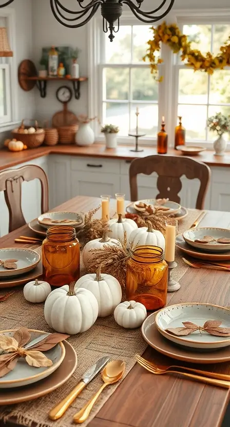 A fall-themed boho kitchen table with small white pumpkins, a garland of dried leaves, and amber glass candleholders on a burlap runner. The look is completed with ceramic plates and gold flatware.