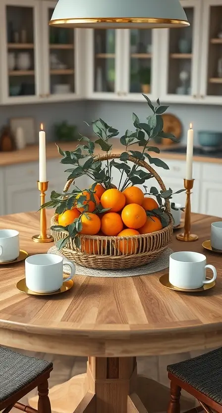 A round kitchen table featuring a rattan basket filled with oranges and eucalyptus sprigs. Surrounding the centerpiece are minimalist gold candleholders and ceramic mugs.