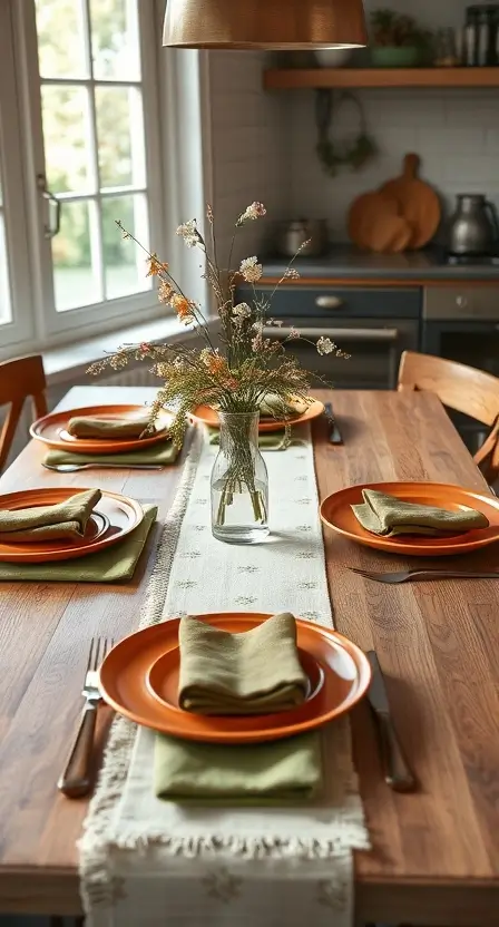 A kitchen table setup with terracotta plates, olive green napkins, and wooden cutlery. The table is adorned with a small linen runner and a vase holding wildflowers.