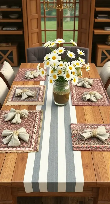 A wooden table with a striped tablecloth, tribal-patterned placemats, and linen napkins tied with twine. The table is surrounded by cushioned chairs and features a bouquet of fresh daisies in a ceramic vase.