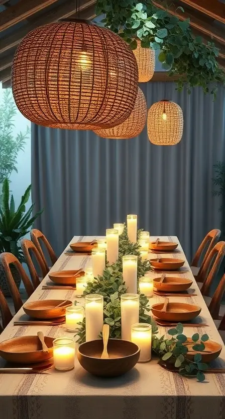 A rectangular table decorated with woven boho lanterns, flickering LED candles, and a lush garland of eucalyptus leaves. Wooden bowls and gold utensils complete the look.