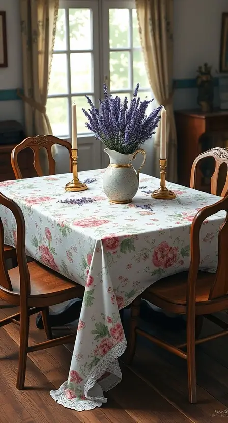 A rectangular table draped in a vintage floral-patterned tablecloth, paired with mismatched chairs. The centerpiece includes a ceramic pitcher filled with lavender and vintage brass candleholders.