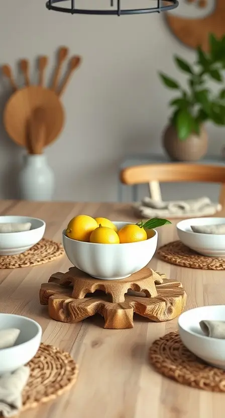 A boho-inspired kitchen table featuring a carved wooden trivet holding a white ceramic bowl of fresh lemons. Surrounding the setup are neutral-colored plates, linen napkins, and woven coasters.