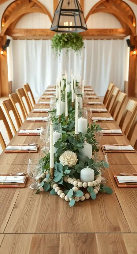 A long wooden table adorned with a light wood beaded garland winding through a centerpiece of eucalyptus branches, white candles, and ceramic vases.